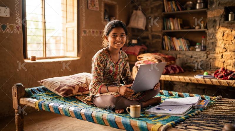 Smiling rural Indian girl using laptop for online education