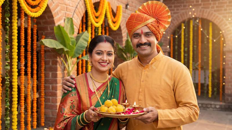 Happy Indian Couple Celebrating Festival with Sweets and Diyas