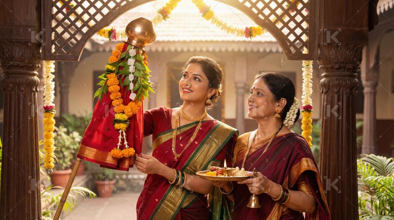 Gudi Padwa Celebration: Indian Women Performing Puja Rituals
