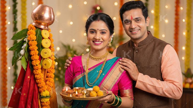 Happy Indian Couple Celebrating Gudi Padwa Festival with Puja