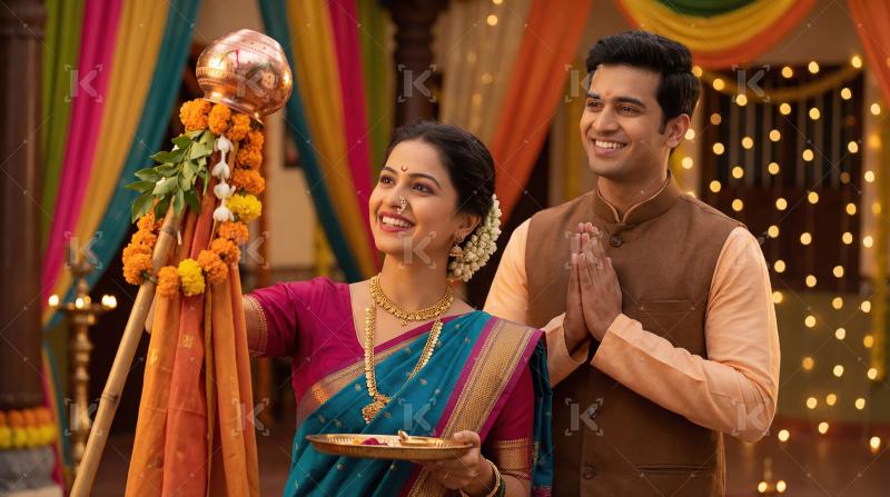 Happy Indian couple celebrating Gudi Padwa festival with traditi