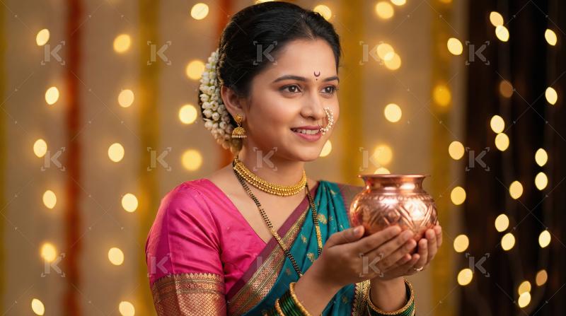 Indian Woman Celebrating Festival with Kalash and Traditional At