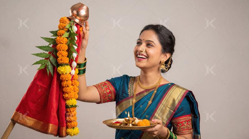 Joyful Marathi Woman Celebrating Gudi Padwa Festival with Tradit