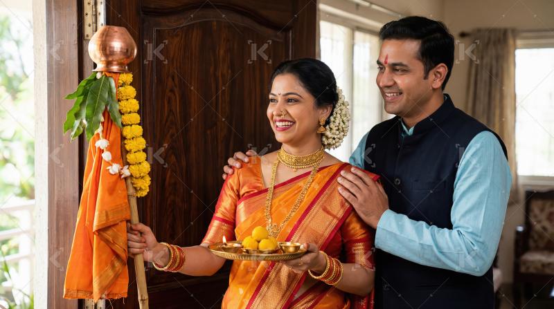 Happy Indian Couple Celebrating Gudi Padwa with Traditional Ritu