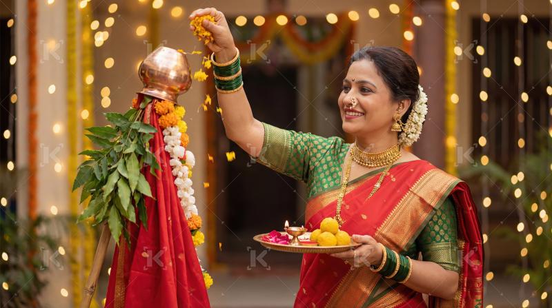 Joyful Indian Woman Celebrating Gudi Padwa with Traditional Ritu