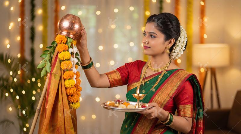 Young Woman Celebrating Gudi Padwa Festival in Traditional Attir
