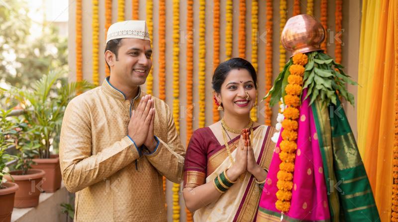 Indian Couple Celebrates Gudi Padwa with Traditional Reverence