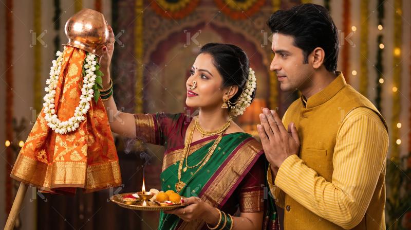 Joyful Indian Couple Celebrating Gudi Padwa with Traditional Rit