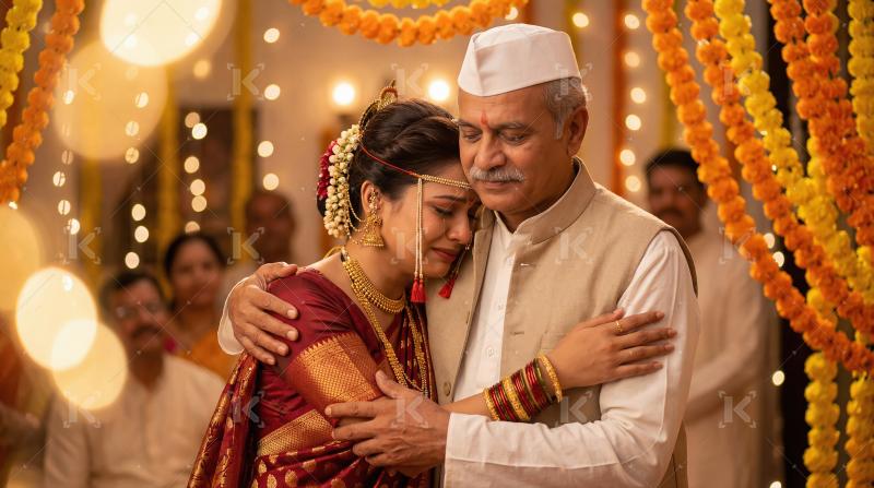 Emotional Indian bride hugging father at traditional wedding