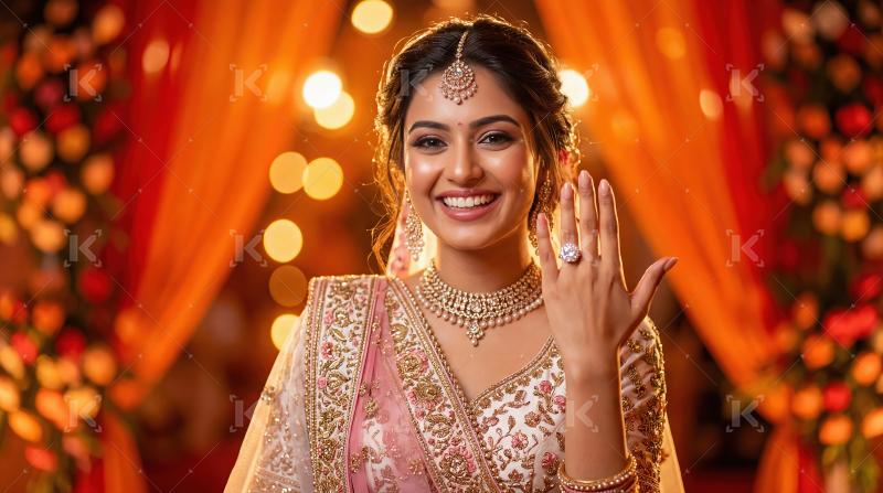 Joyful Indian Bride Flaunting Engagement Ring at Wedding Celebra