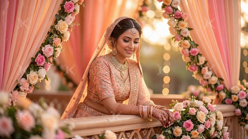 Beautiful Indian Bride Adorned in Flowers and Traditional Jewelr