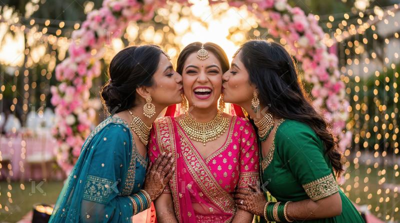 Joyful Indian Bride with Friends at Wedding Celebration