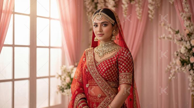 Beautiful Indian Bride in Traditional Red Lehenga and Gold Jewel