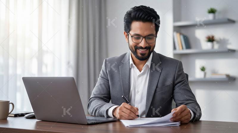 Smiling Indian Businessman Working on Documents at Office Desk