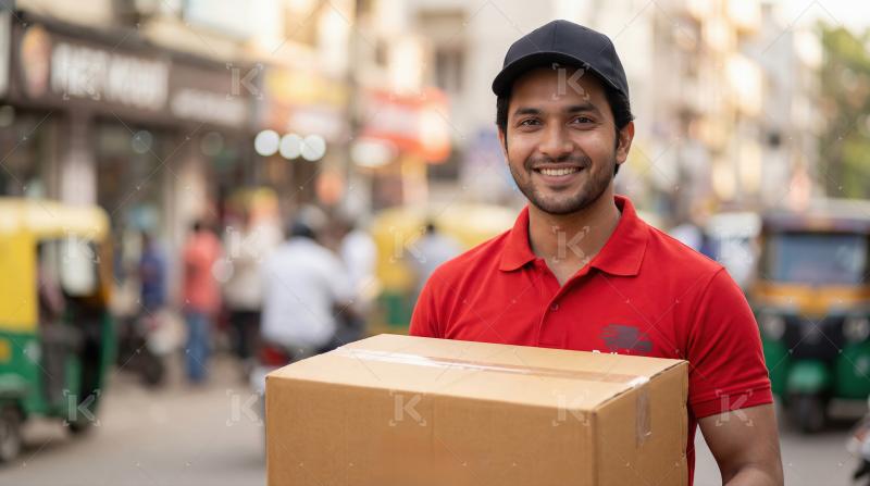 Happy Indian Delivery Man Holds Package on Busy City Street