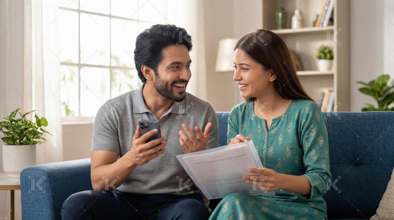 Happy Indian Couple Discussing Home Finances and Future Plans