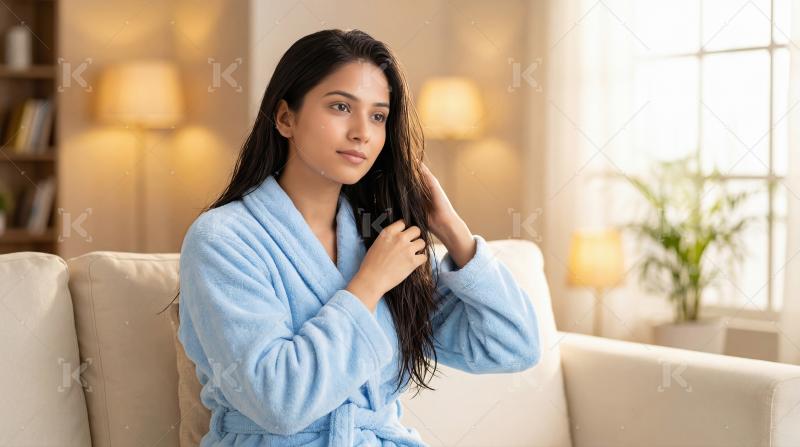 Young Woman in Blue Robe Styling Wet Hair at Home