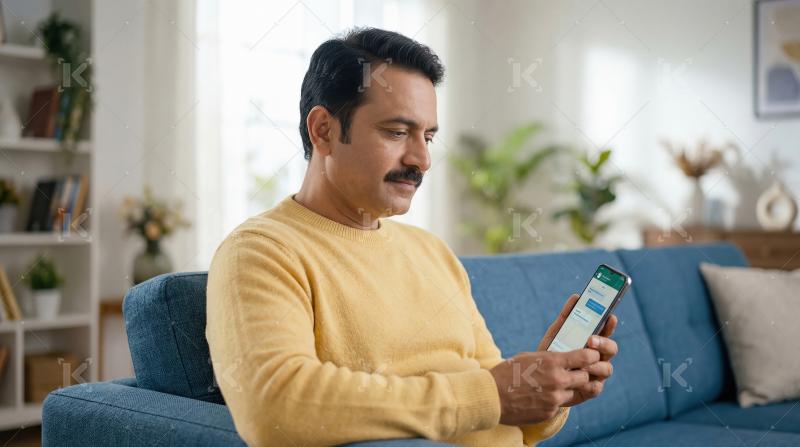 Content Indian man using smartphone on sofa at home
