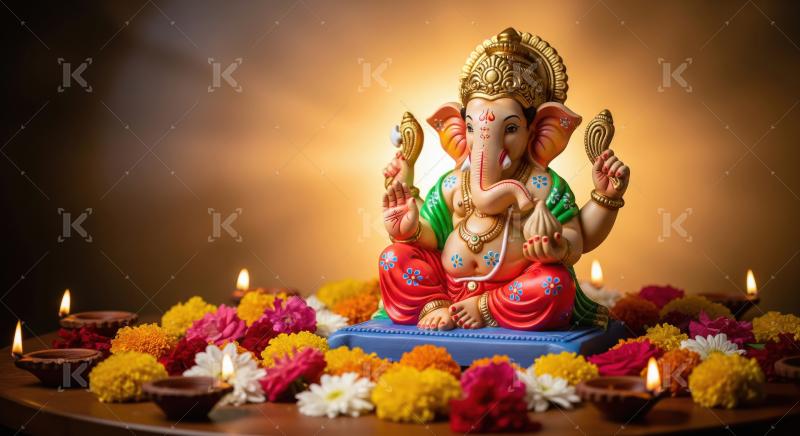 Beautiful statue of lord ganesha with colorful flowers and oil l