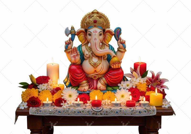 Beautiful statue of lord ganesha with colorful flowers and oil l