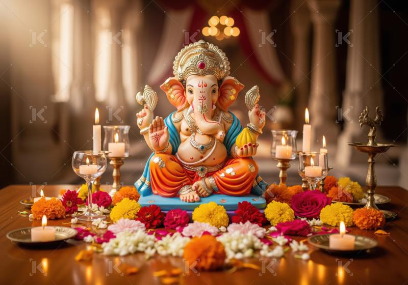 Beautiful statue of lord ganesha with colorful flowers and oil l
