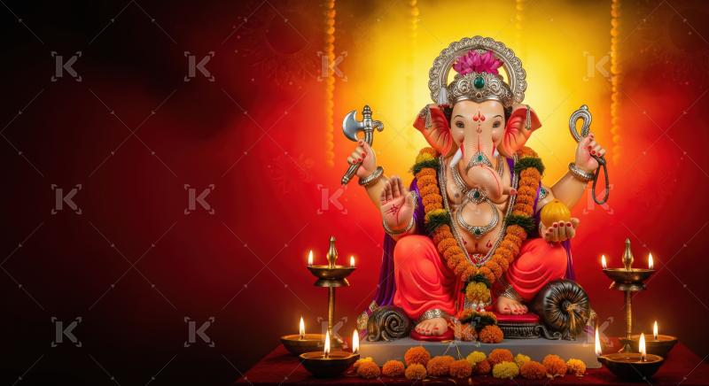 Beautiful statue of lord ganesha with colorful flowers and oil l