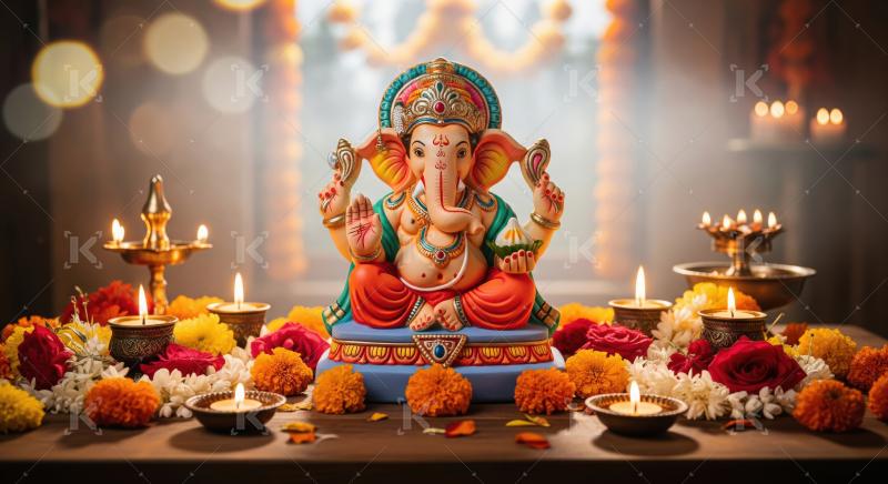 Beautiful statue of lord ganesha with colorful flowers and oil l