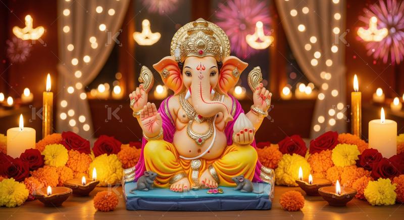Beautiful statue of lord ganesha with colorful flowers and oil l