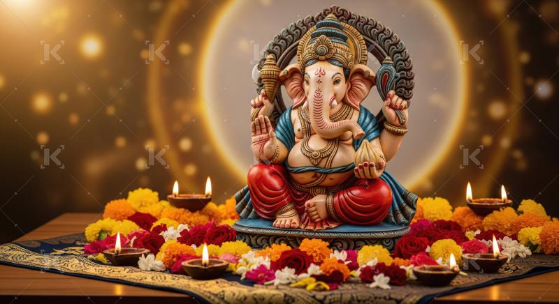 Beautiful statue of lord ganesha with colorful flowers and oil l