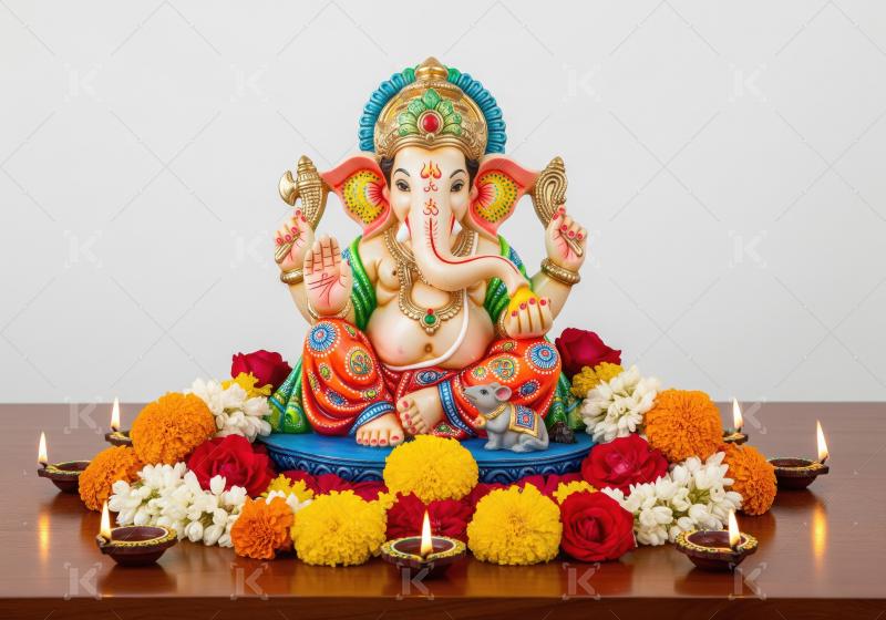 Beautiful statue of lord ganesha with colorful flowers and oil l