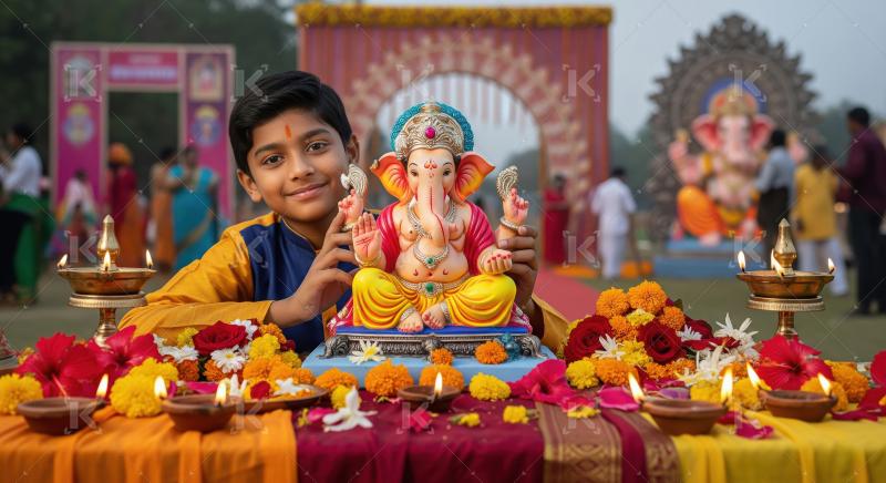 Little Indian boy with lord ganesha Celebrating Ganesh Festival