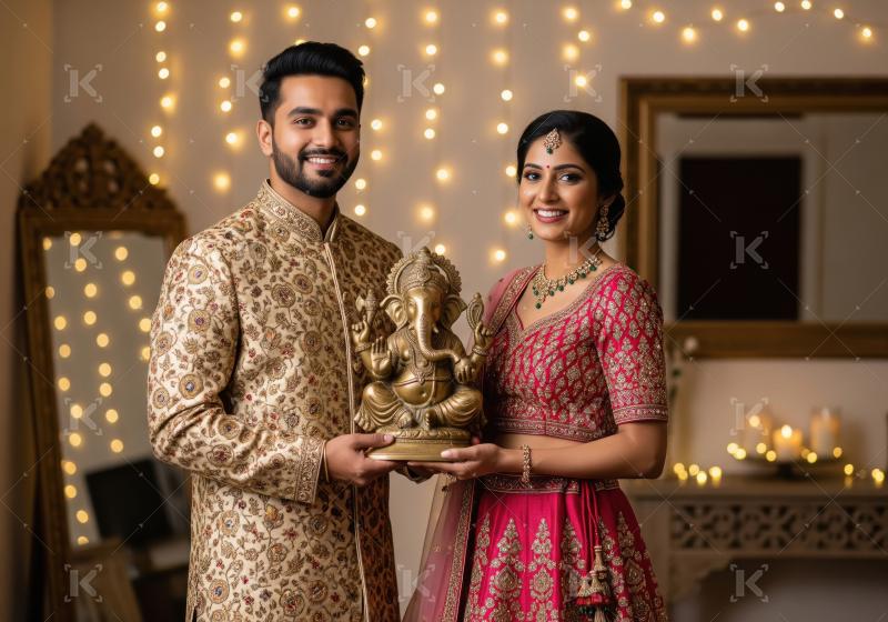 Young indian couple standing together and holding lord ganesh st
