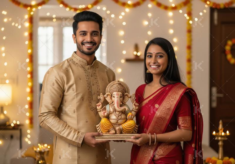 Young indian couple standing together and holding lord ganesh st