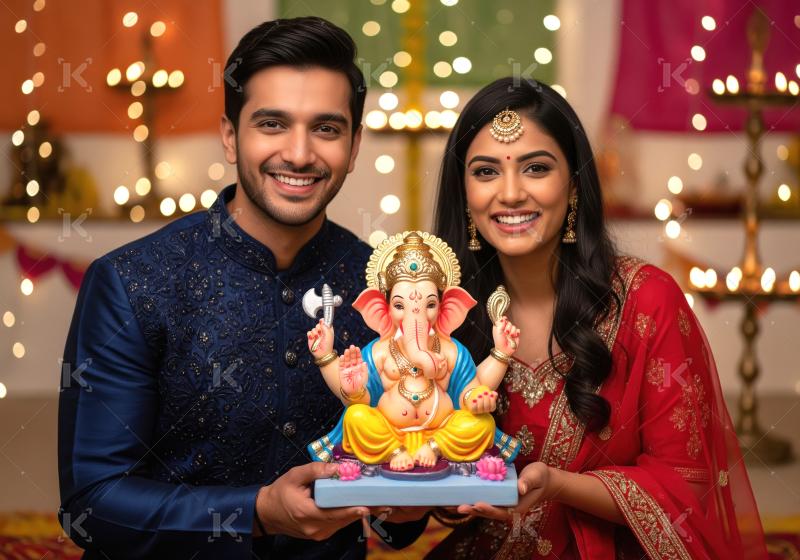 Young indian couple standing together and holding lord ganesh st