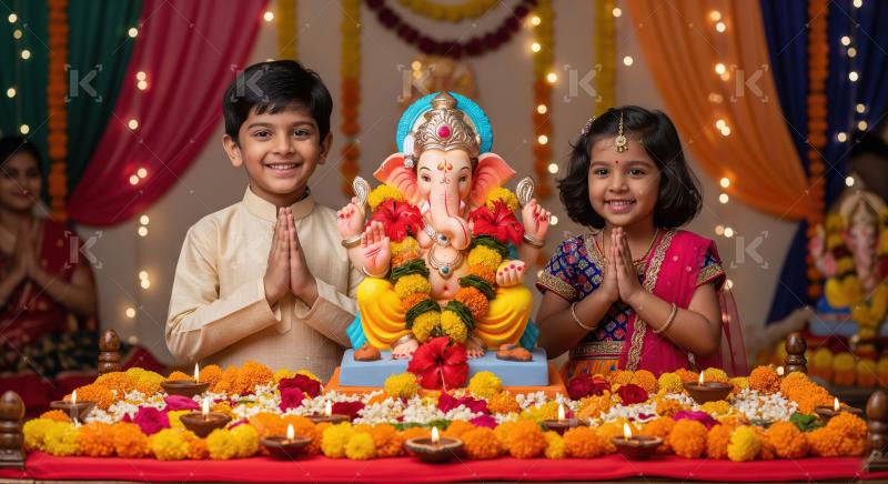 Happy indian brother and sister celebrating ganesh chaturthi fes