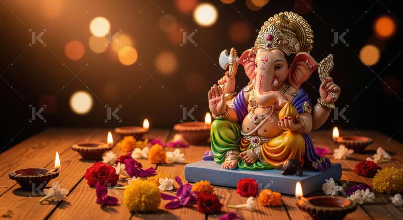 Beautiful statue of lord ganesha with colorful flowers and oil l