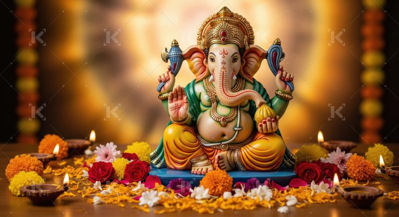 Beautiful statue of lord ganesha with colorful flowers and oil l