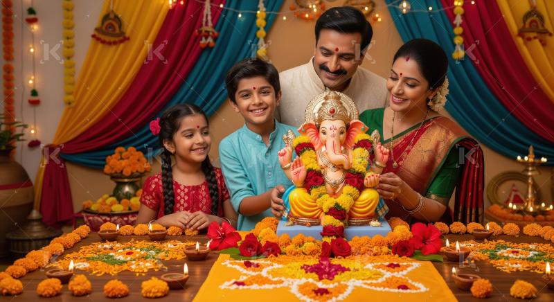Happy indian family standing together and holding lord ganesha s
