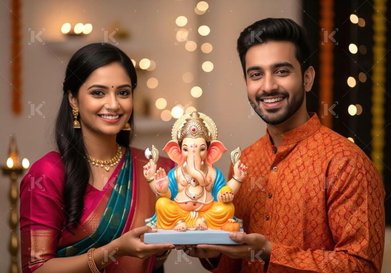 Young indian couple standing together and holding lord ganesh st