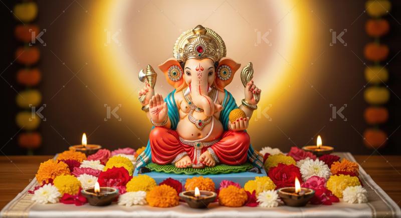 Beautiful statue of lord ganesha with colorful flowers and oil l