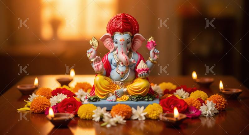 Beautiful statue of lord ganesha with colorful flowers and oil l
