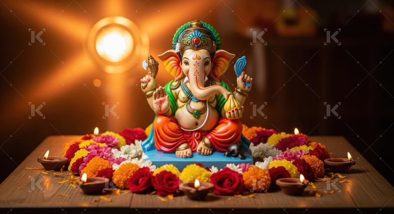 Beautiful statue of lord ganesha with colorful flowers and oil l