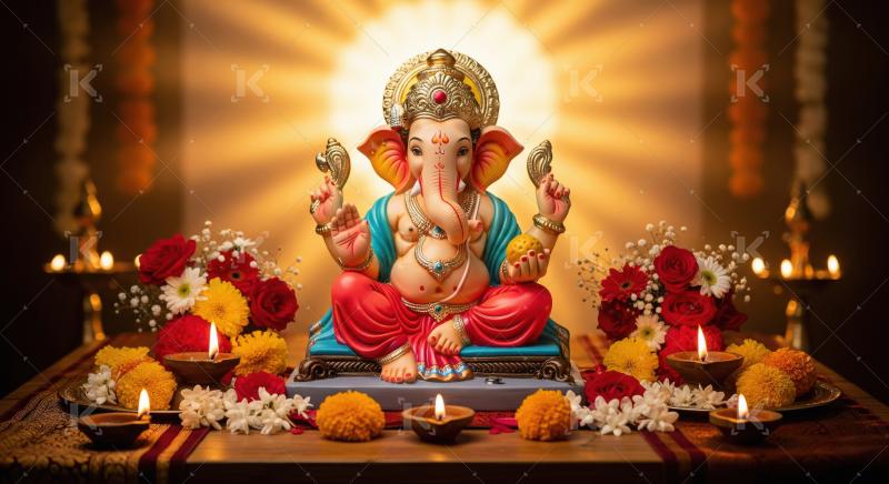 Beautiful statue of lord ganesha with colorful flowers and oil l