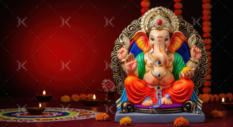Beautiful statue of lord ganesha with colorful flowers and oil l