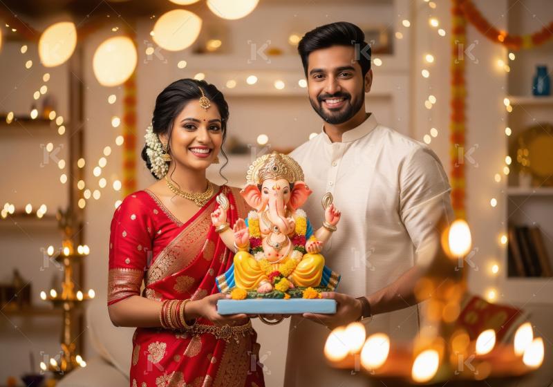 Young indian couple standing together and holding lord ganesh st