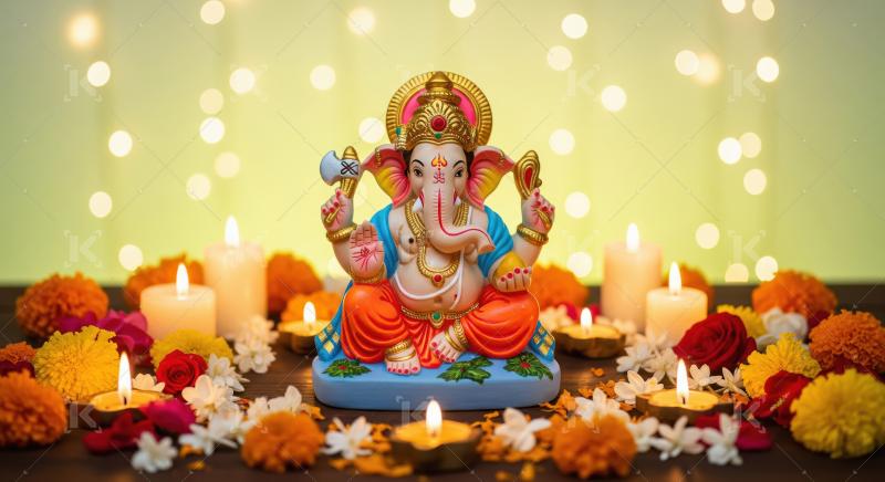 Beautiful statue of lord ganesha with colorful flowers and oil l