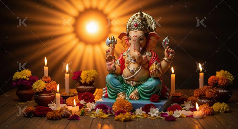 Beautiful statue of lord ganesha with colorful flowers and oil l