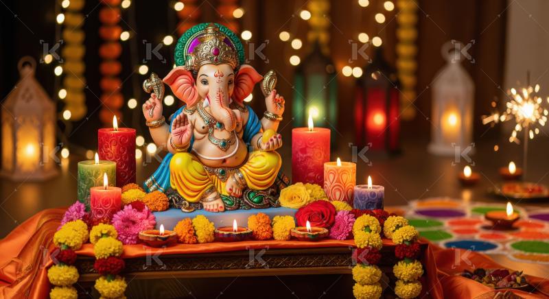 Beautiful statue of lord ganesha with colorful flowers and oil l