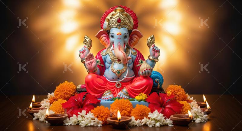 Beautiful statue of lord ganesha with colorful flowers and oil l