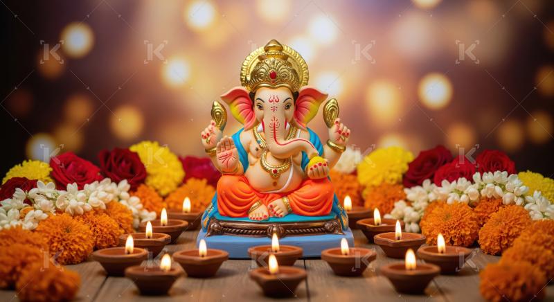 Beautiful statue of lord ganesha with colorful flowers and oil l